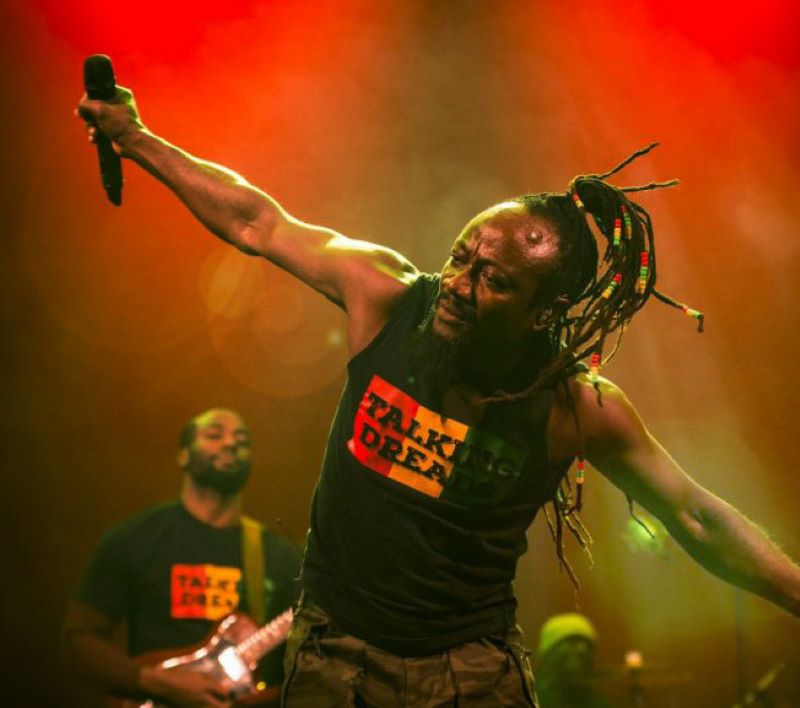 A performance at The Cabot of a man with dreadlocks holding a microphone.